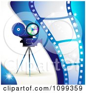 Blue Movie Camera And Film Strip Background