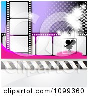 Silhouetted Movie Camera With Film Strips And Purple Halftone