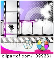 Silhouetted Movie Camera With Film Reels And Strips And Purple Halftone