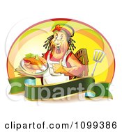 Rastarfarian Chef Rooster Holding A Plate Of Chicken And A Thumb Up Over A Banner With A Spatula And Oval