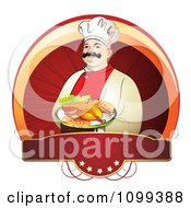 Poster, Art Print Of Happy Male Chef Serving Chicken Over A Circle With A Red Five Star Blank Banne