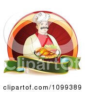 Poster, Art Print Of Happy Male Chef Serving Chicken Over A Circle With A Green Blank Banner