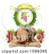Wine Barrel With Red Grapes In A A Leaf Circle With A Banner