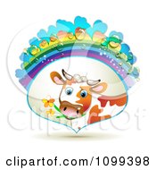 Poster, Art Print Of Dairy Cow Eating Flowers In A Frame With A Rainbow And Dew Drops