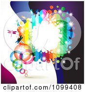 Poster, Art Print Of Background Of A Rainbow Frame With Dragonflies Rings And Dots Over Waves