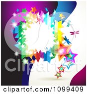 Poster, Art Print Of Background Of A Rainbow Frame With Dragonflies Stars And Dots Over Waves