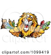 Poster, Art Print Of Happy Lion Mascot Holding Out Art Crayons Paintbrushes And Pencils