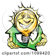 Poster, Art Print Of Happy Yellow Light Bulb Mascot Holding Renewable Solar Energy Arrows