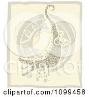 Clipart Woodcut Tribal Alligator Or Crocodile And Sun In Brown Tones Royalty Free Vector Illustration by xunantunich