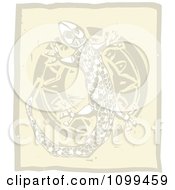 Clipart Woodcut Styled Tribal Gecko And Sun In Brown Tones Royalty Free Vector Illustration