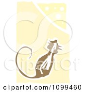 Poster, Art Print Of Woodcut Styled Mouse And Cheese Wedge Over Pastel Yellow
