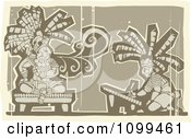 Poster, Art Print Of Woodcut Depiction Of A Mayan King Smoking And Artist Drawing In Brown Tones