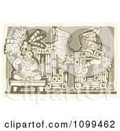 Poster, Art Print Of Woodcut Depiction Of A Mayan King And Abstract Art In Brown Tones