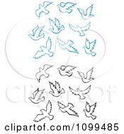 Blue And Black Outlined Doves Flying