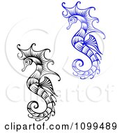 Poster, Art Print Of Ornate Black And White And Blue Seahorses