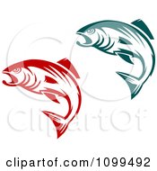 Clipart Teal And Red Leaping Fish Royalty Free Vector Illustration