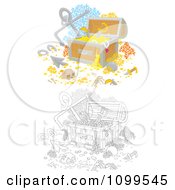 Poster, Art Print Of Colored And Outlined Sunken Treasure Chests With Skeletons Anchors Gold And Coral