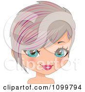 Poster, Art Print Of Pretty Blue Eyed Woman With Gray Bob Cut Hair And Pink Streaks