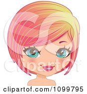 Poster, Art Print Of Pretty Blue Eyed Woman With A Pink Bob Cut Hair And Yellow Streaks