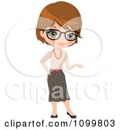 Clipart Friendly Brunette Female Teacher With Glasses Presenting With Her Hand Royalty Free Vector Illustration by Melisende Vector #COLLC1099803-0068
