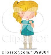 Poster, Art Print Of Happy Blond Girl In A Turquoise Dress Holding A Thumb Up