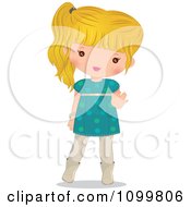 Happy Blond Girl In A Turquoise Dress Waving
