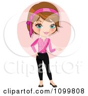 Clipart Pretty Brunette Woman In Pink Presenting With Her Hand Royalty Free Vector Illustration