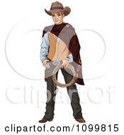 Handsome Wild Western Cowboy Holding Rope And Ready To Draw His Gun