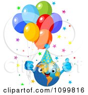 Poster, Art Print Of Happy Globe With A Party Hat Balloons And Stars Celebrating Earth Day