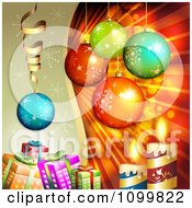 Poster, Art Print Of Christmas Background With 3d Ornaments Candles And Gift Boxes With Gold Snowflakes And Red And Gold Rays