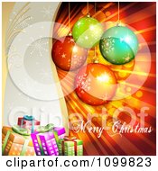 Poster, Art Print Of Merry Christmas Greeting With Ornaments Gift Boxes Rays And Snowflakes