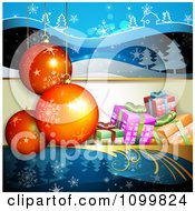 Poster, Art Print Of Christmas Background With 3d Ornaments And Gift Boxes Over Blue Winter Landscapes