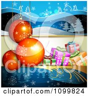 Clipart Christmas Background With 3d Ornaments And Gift Boxes Over Blue Winter Landscapes Royalty Free Vector Illustration