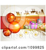 Poster, Art Print Of Merry Christmas Greeting With Santa Flying His Sleigh Babubles Stars And Gift Boxes