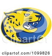 Poster, Art Print Of Yellow And Blue Hissing Jaguar Over An Oval