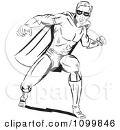 Clipart Retro Black And White Pop Art Super Hero Man In A Punching Stance Royalty Free Vector Illustration