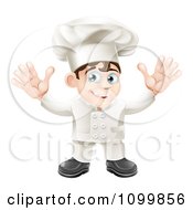 Poster, Art Print Of Happy Young Chef In Uniform Holding Up His Hands