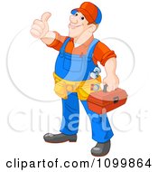 Poster, Art Print Of Happy Plumber Carrying A Tool Box And Holding A Thumb Up