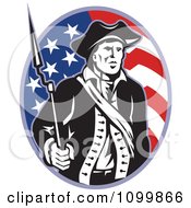 American Revolutionary Soldier Patriot Minuteman With A Musket Bayonet Rifle Over A Stars And Stripes Flag Oval