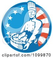 Clipart Retro Bakery Chef Carrying A Basket Of Bread Over An American Circle Royalty Free Vector Illustration