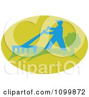 Poster, Art Print Of Raking Silhouetted Farmer Gardner Or Landscaper In A Green Oval
