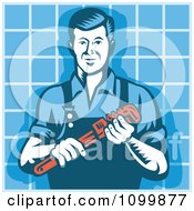 Clipart Retro Plumber Man Holding A Monkey Wrench Over Blue Tiles Royalty Free Vector Illustration