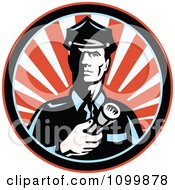 Poster, Art Print Of Retro Police Man Or Security Guard Shining A Flashlight Over A Circle Of Red Rays