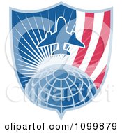 Poster, Art Print Of Retro Styled Airplane Over A Grid Globe With Sunshine And An American Shield