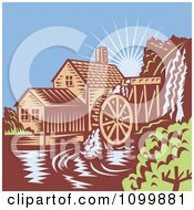 Retro Watermill Wheel Mill House On A River