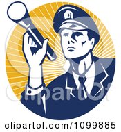 Poster, Art Print Of Retro Police Officer Or Security Guard Shining A Flashlight Over A Circle Of Orange Rays