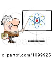 Happy Caucasian Professor Discussing An Atom Diagram