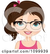 Poster, Art Print Of Happy Brunette Girl Wearing Glasses A Pink Tank Top And Her Hair In A Pony Tail