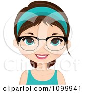 Clipart Happy Brunette Girl Wearing Glasses A Turquoise Tank Top And A Hea Band In Her Hair Royalty Free Vector Illustration