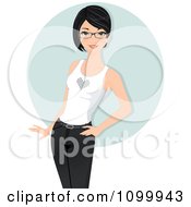 Black Haired Woman In Glasses A Heart Tank Top And Pants Over A Blue Circle